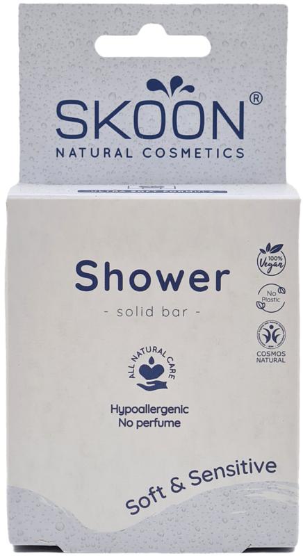 Skoon Solid shower soap for sensitive skin in a 90g bar, suitable for bath and shower use.