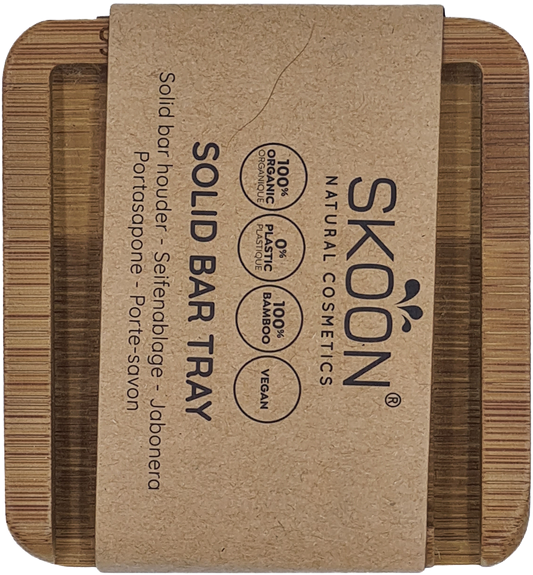Skoon solid bamboo soap bar tray for bathroom and toilet, designed to hold one soap bar with eco-friendly bamboo material
