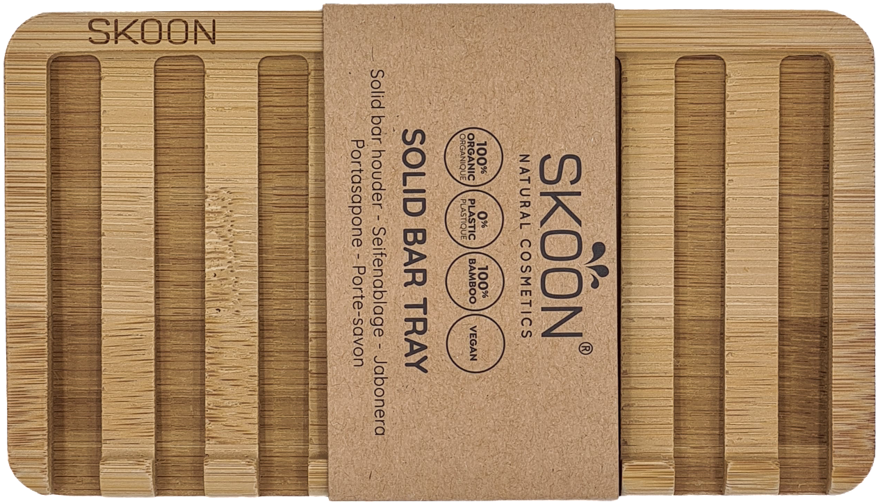 Skoon bamboo solid bar tray holding two soap bars, designed for bathroom and toilet use, natural bamboo finish.