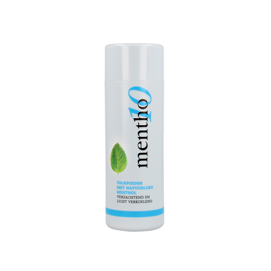 Mentho 10 menthol powder in a 75g container, used for body care, with menthol cooling sensation and natural ingredients.