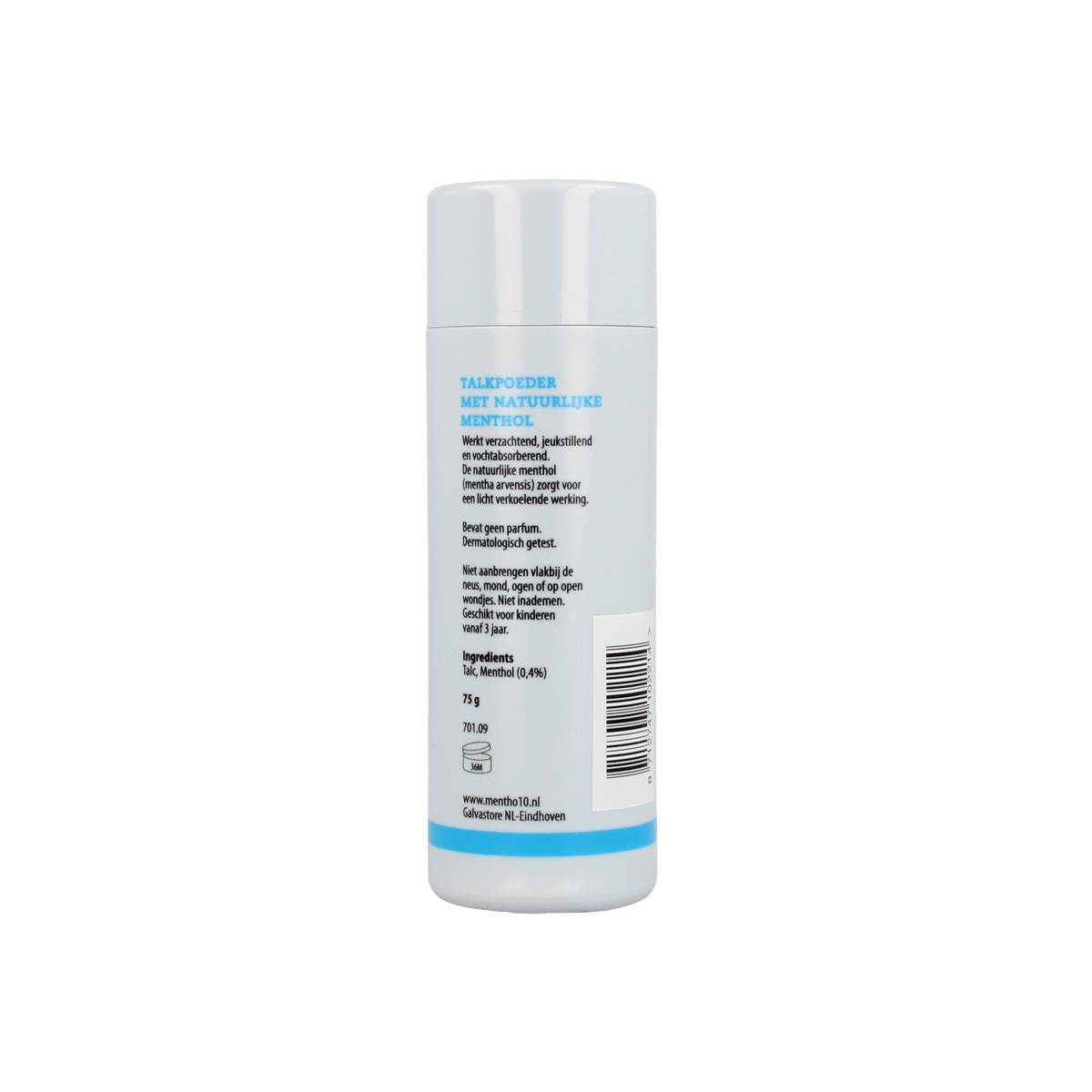 Mentho 10 Menthol powder 0.4% in a 75g container, used for body care, with a white and green label.