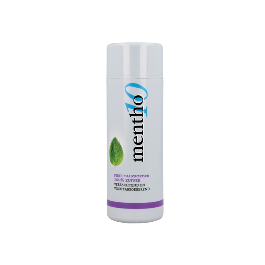 Mentho 10 lichaamsverzorging talkpoeder in 75g, wit en poederachtig, with menthol scent and smooth texture.