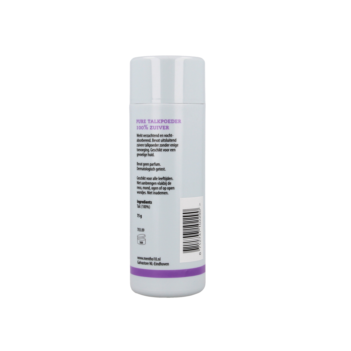 Mentho 10 Talkpoeder 75g in a white container, body care powder with Mentho 10 branding, suitable for refreshing skin.