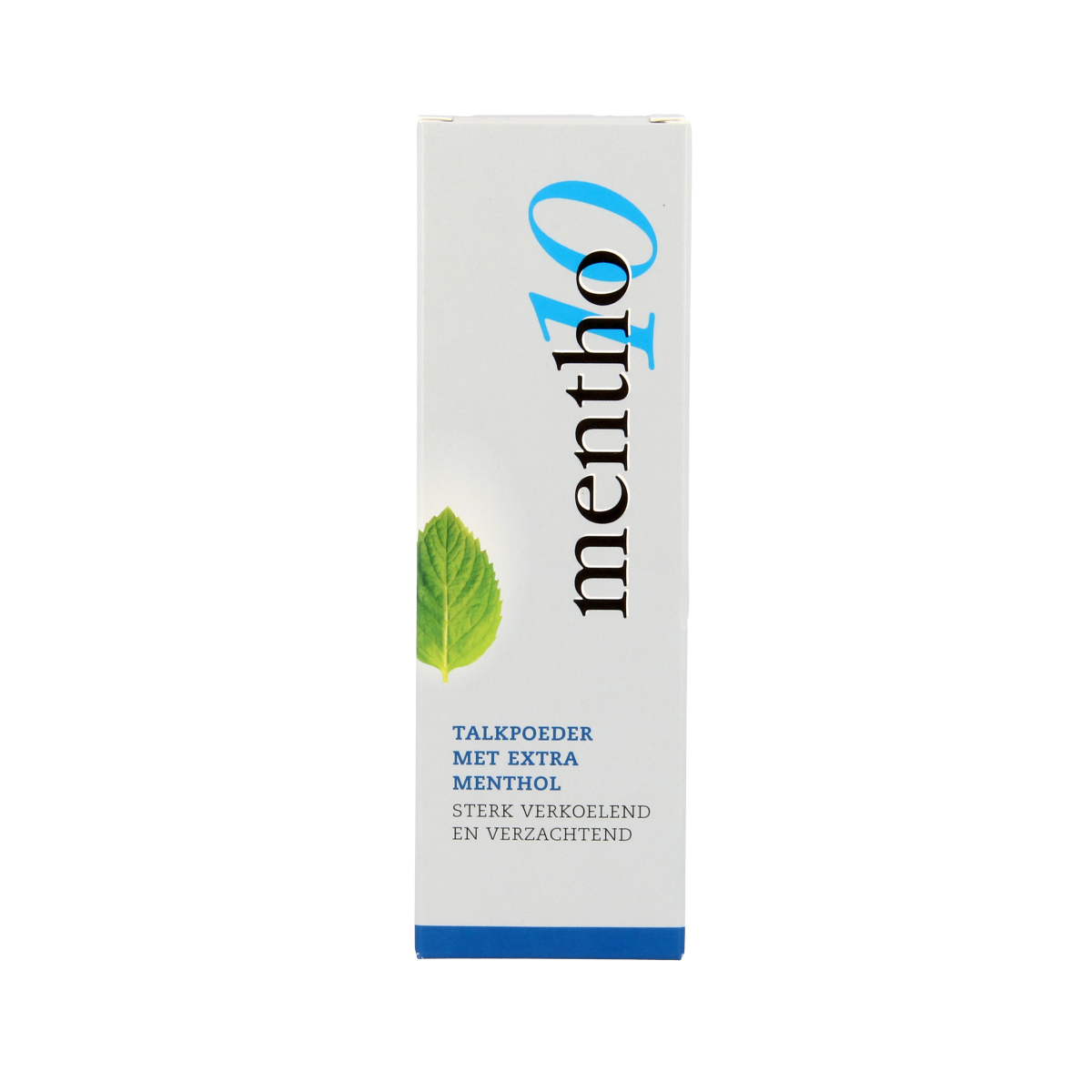 Mentho 10 Menthol Powder in a 75g container, used for body care, with a white and green label and powder inside.