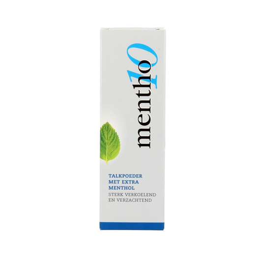 Mentho 10 Menthol Powder in a 75g container, used for body care, with a white and green label and powder inside.