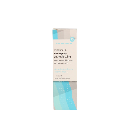 Leidapharm zoutoplossing neusverzorging en inhalatie in 15 ml bottle, suitable for nasal care and inhalation therapy.