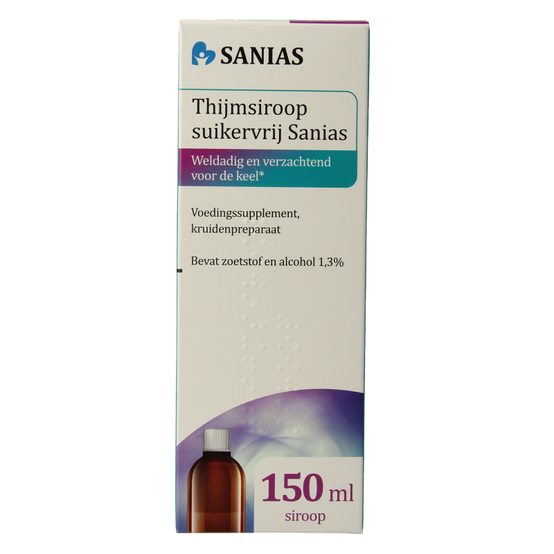 Sanias Kruidenpreparaten Thijmsiroop suikervrij 150ml, herbal syrup in a clear bottle with a white cap.