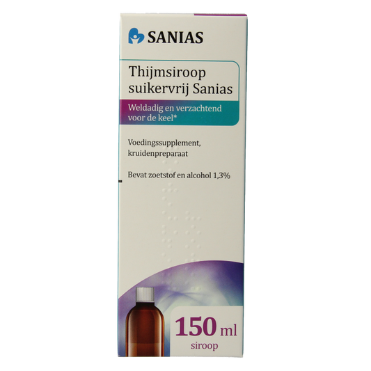 Sanias Kruidenpreparaten Thijmsiroop suikervrij 150ml, herbal syrup in a clear bottle with a white cap.