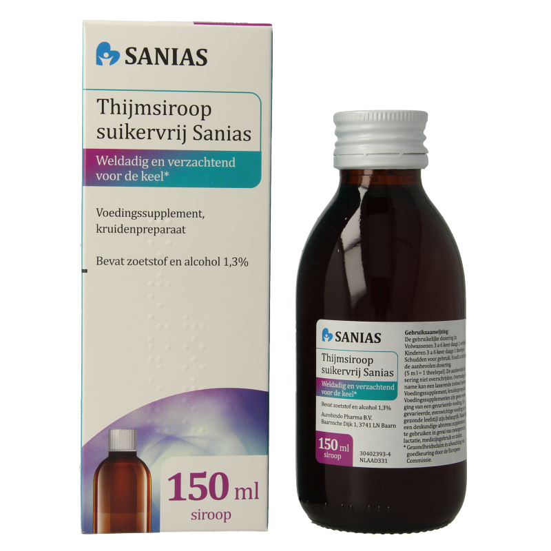 Sanias Thijmsiroop suikervrij herbal syrup in 150 ml bottle, showcasing the Sanias brand and product packaging.