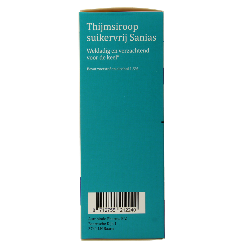 Sanias Thijmsiroop suikervrij herbal syrup in 150ml bottle, herbal supplement from Sanias, with herbal ingredients visible.
