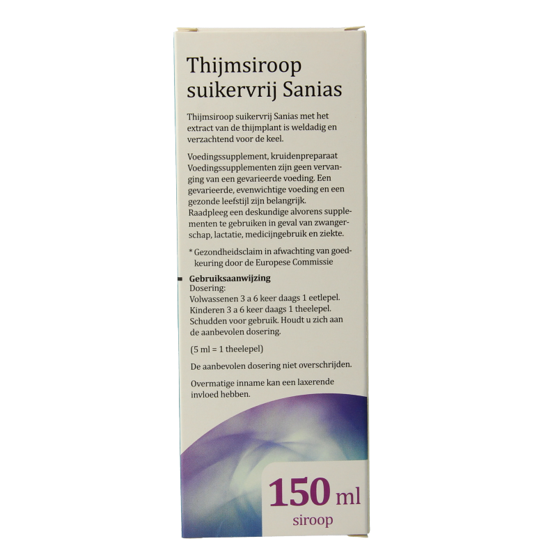 Sanias Thijmsiroop suikervrij herbal syrup in 150ml bottle, showcasing the product label and packaging.