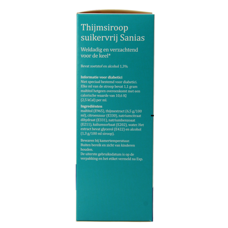 Sanias Thijmsiroop suikervrij in 150ml bottle, herbal supplement with natural ingredients, displayed in a clear container
