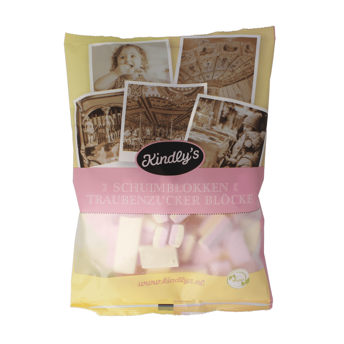 Kindly's Schuimblokjes snoepgoed in 120g, soft foam candy with colorful layers, shown in the image.