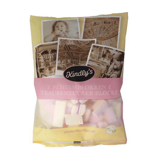 Kindly's Schuimblokjes snoepgoed in 120g, soft foam candy with colorful layers, shown in the image.
