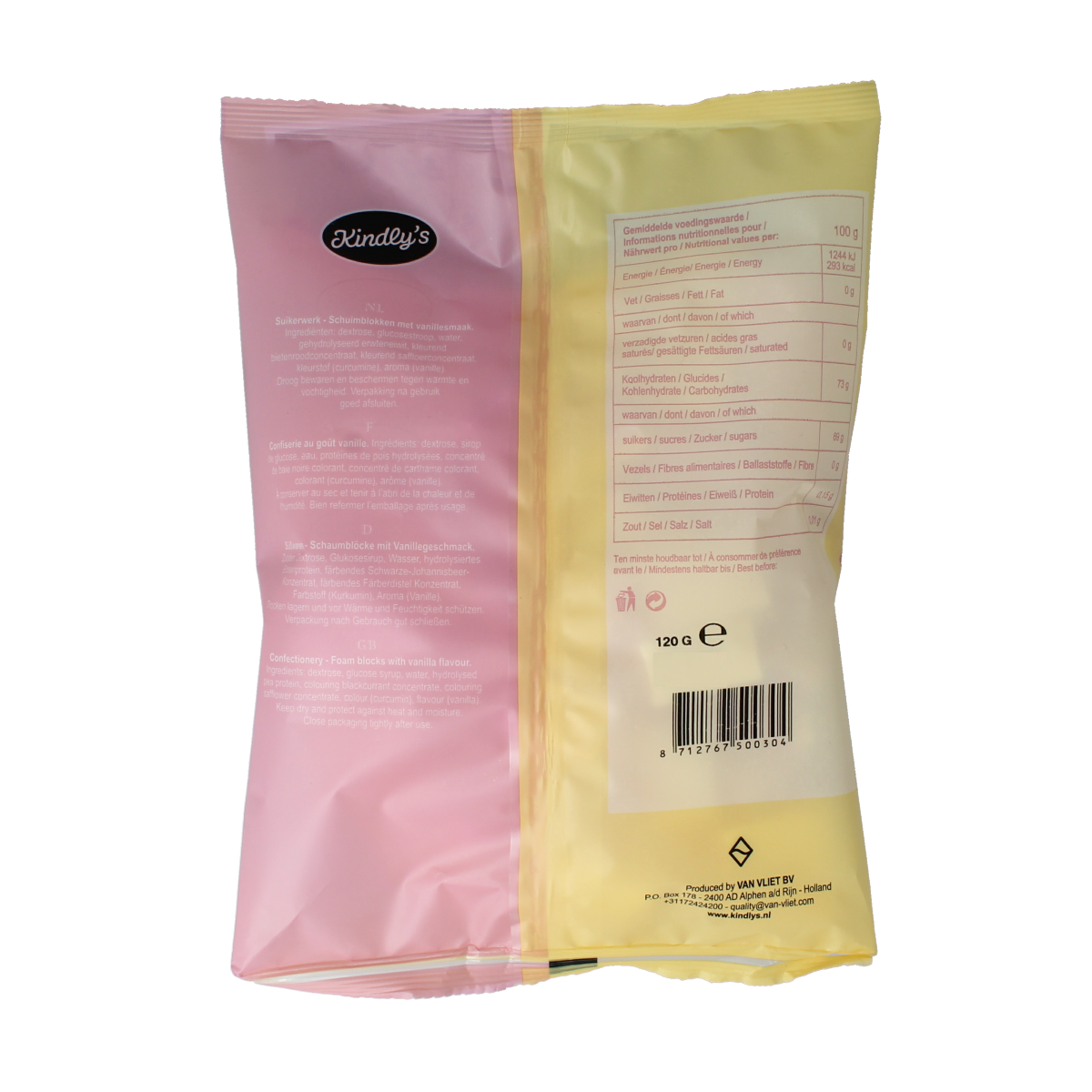 Kindly's Schuimblokjes snoepgoed in 120g, soft foam candy with colorful layers, shown in a close-up image.