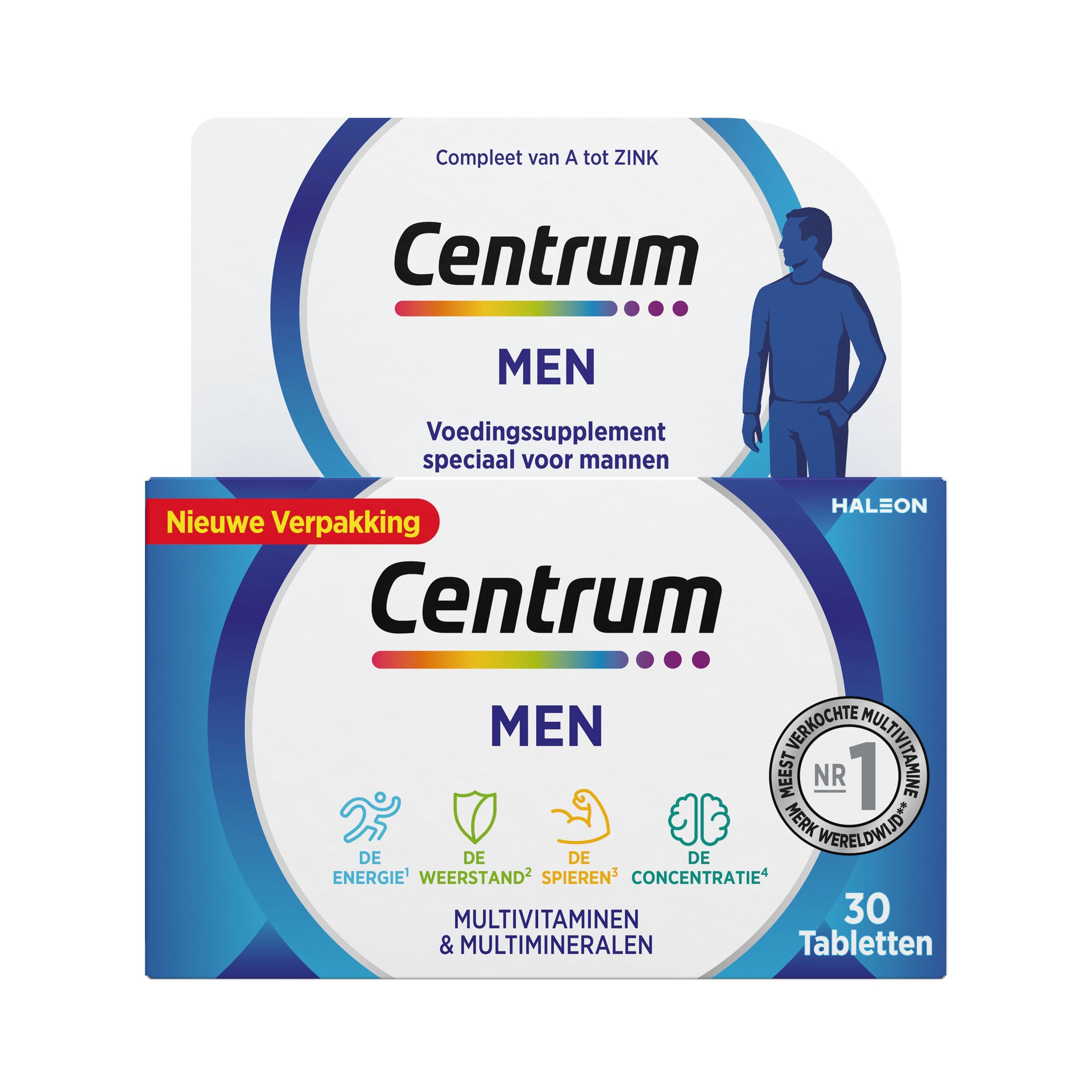 Centrum Men Advanced multivitamin tablets in blister pack, showing the supplement's packaging and tablets.