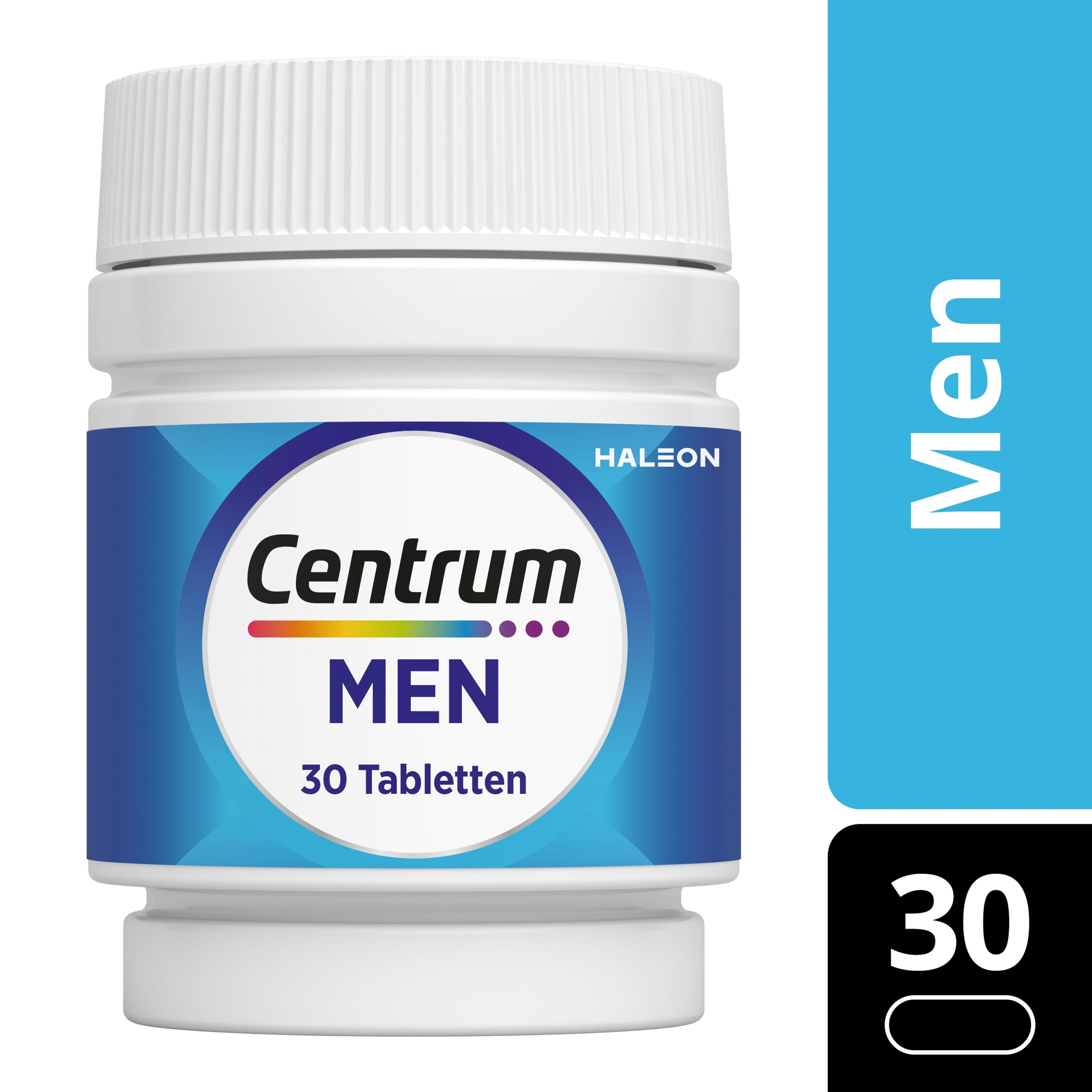 Centrum Men Advanced multivitamin tablets, dietary supplement in a blister pack, with colorful tablets visible.
