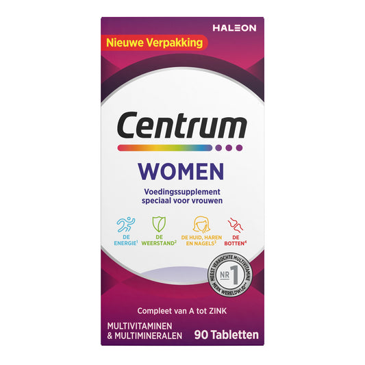 Centrum Women Advanced multivitamin tablets in a blister pack, featuring colorful round tablets designed for women's health.