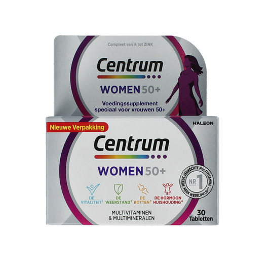 Centrum Women 50+ multivitamin tablets, advanced formula for women over 50, showing a bottle of 30 tablets.