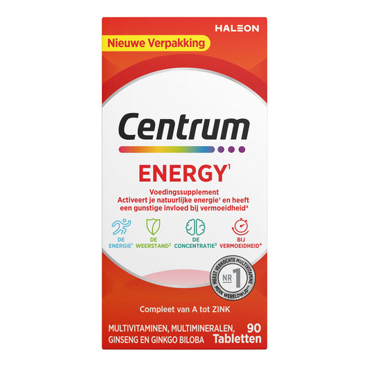 Centrum Energy Advanced multivitamin tablets in a blister pack, designed to support daily energy and overall health.