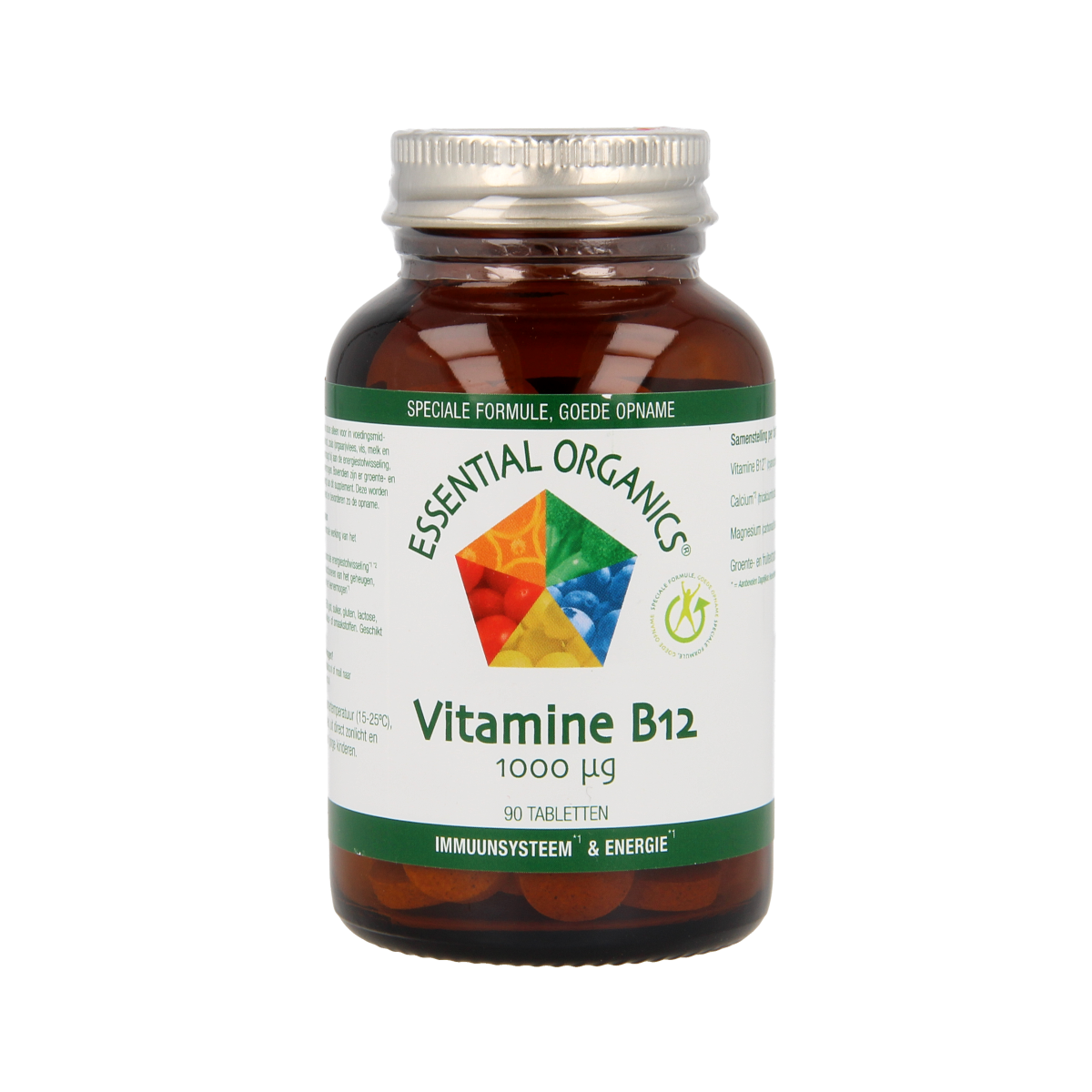 Essential Organics Vitamin B12 1000mcg tablets, dietary supplement, close-up of the bottle with tablets inside.