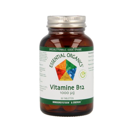 Essential Organics Vitamin B12 1000mcg tablets, dietary supplement, close-up of the bottle with tablets inside.