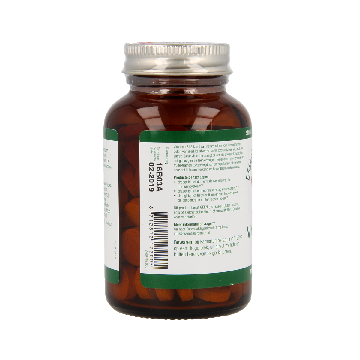 Essential Organics Vitamin B12 1000mcg tablets, dietary supplement with 90 tablets, for energy and nerve support.
