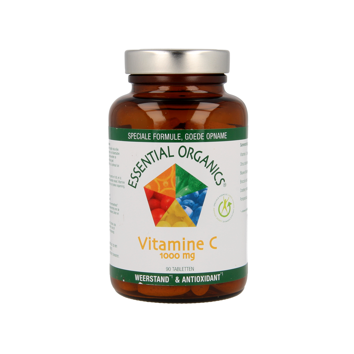 Essential Organics Vitamin C 1000mg tablets, bottle with 90 tablets, showing the supplement packaging and label.