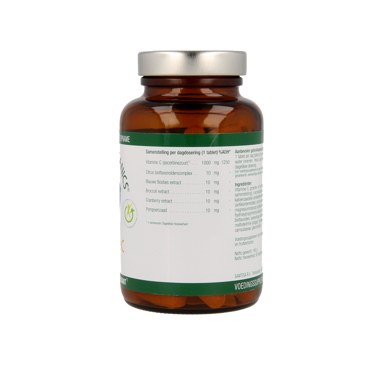 Essential Organics Vitamin C 1000mg tablets, 90 count, close-up of the supplement bottle with tablets inside.