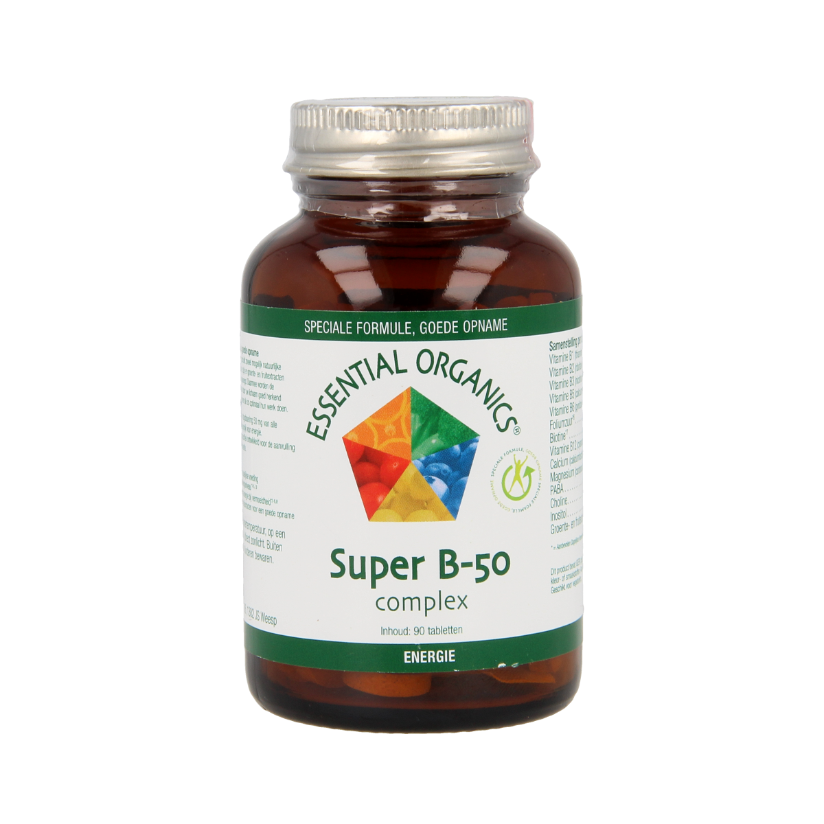 Essential Organics Super B50 complex vitamin tablets in a bottle, showcasing 90 multi-vitamin supplement tablets.