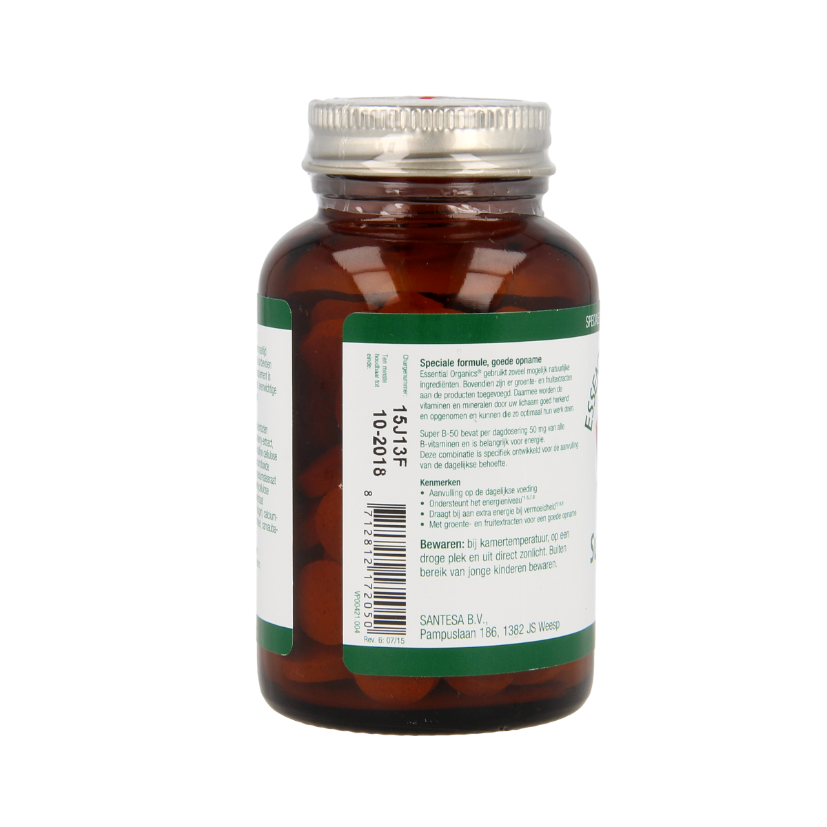 Essential Organics Super B50 complex vitamin tablets, 90 count, in white bottles with colorful label showing B vitamin details.