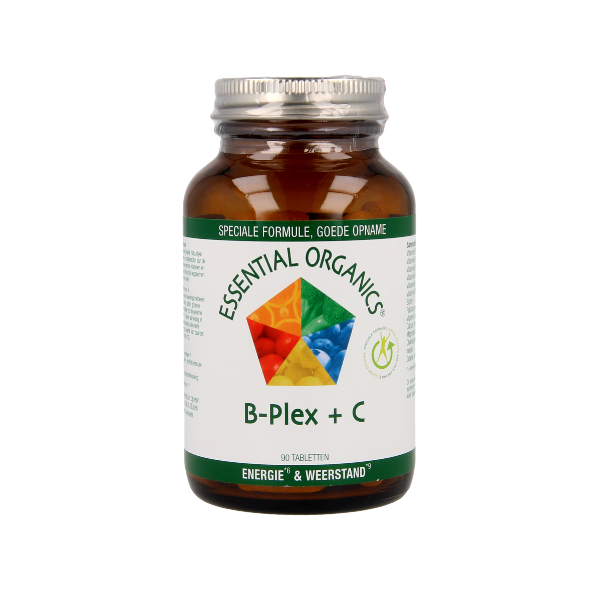 Essential Organics Bplex & C multivitamin tablets in a bottle, featuring colorful tablets for immune support and overall health.