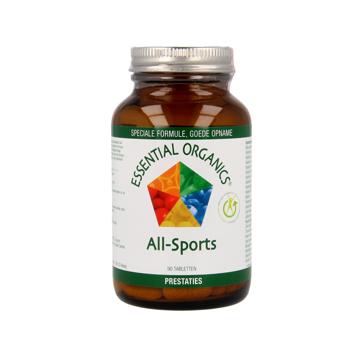Essential Organics All Sports multivitamin tablets in a bottle, showing round vitamin tablets for daily health support.