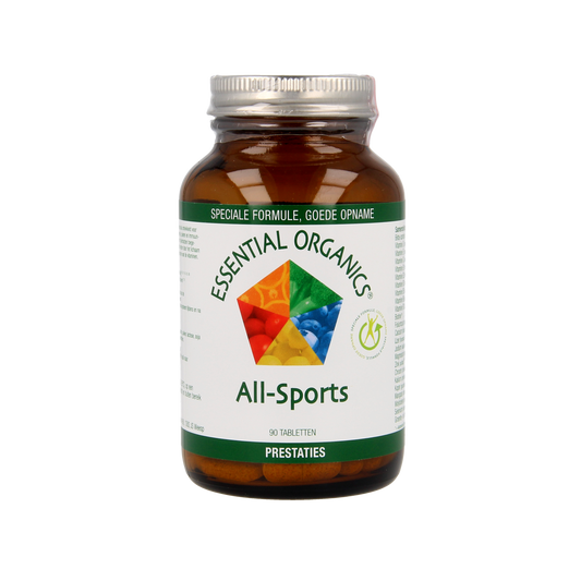 Essential Organics All Sports multivitamin tablets in a bottle, showing round vitamin tablets for daily health support.