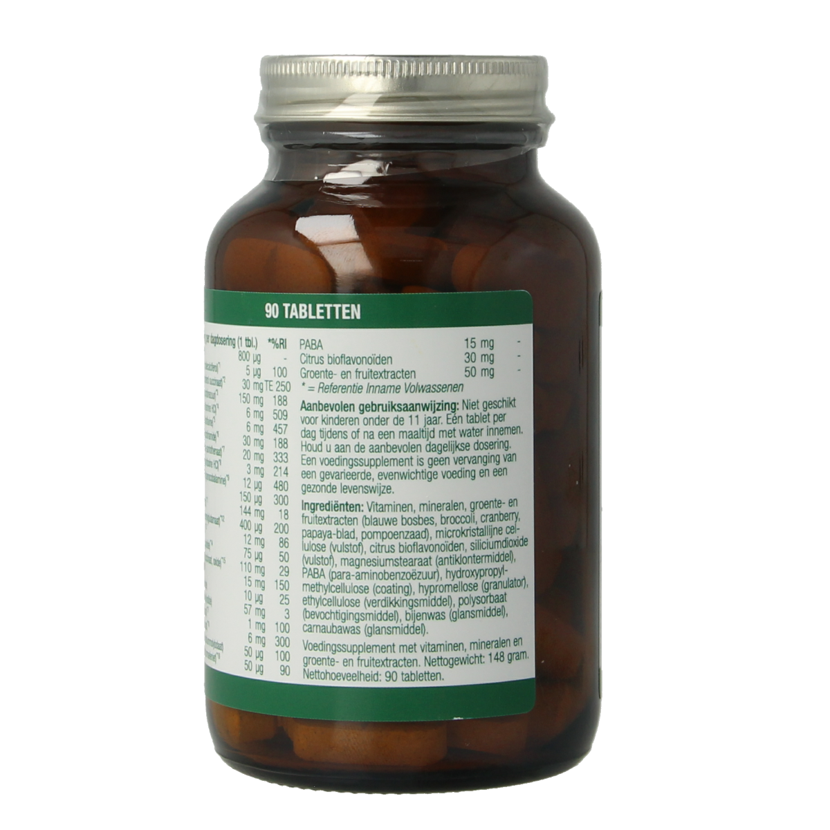 Essential Organics All Family Forte multivitamin tablets in a bottle, suitable for the whole family, shown in a clear container.