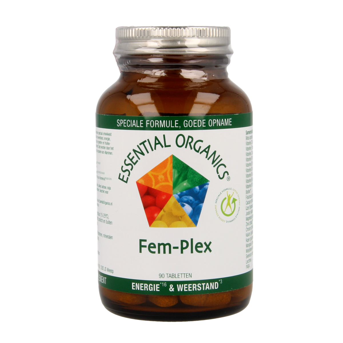 Essential Organics Fem Plex multivitamine tabletten, dietary supplement for women's health, in blister pack.