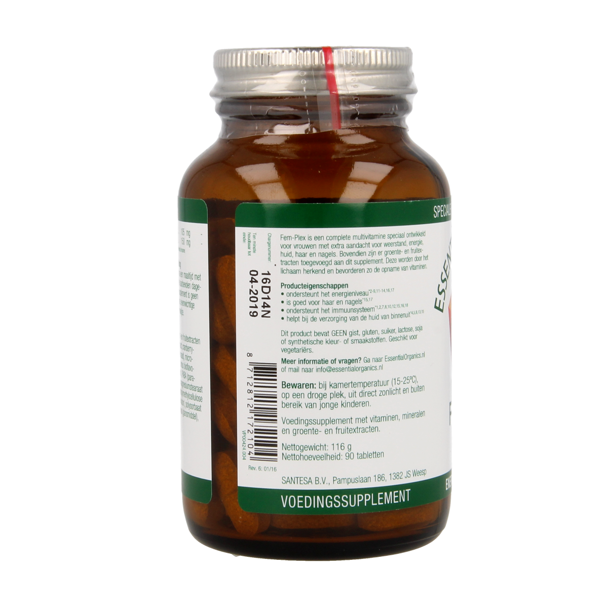 Essential Organics Fem Plex multivitamin tablets, dietary supplement for women, shown in blister pack.