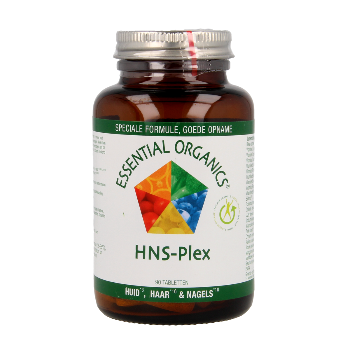 Essential Organics HNS Plex multivitamin tablets, dietary supplement packaging with 90 tablets for overall health support.