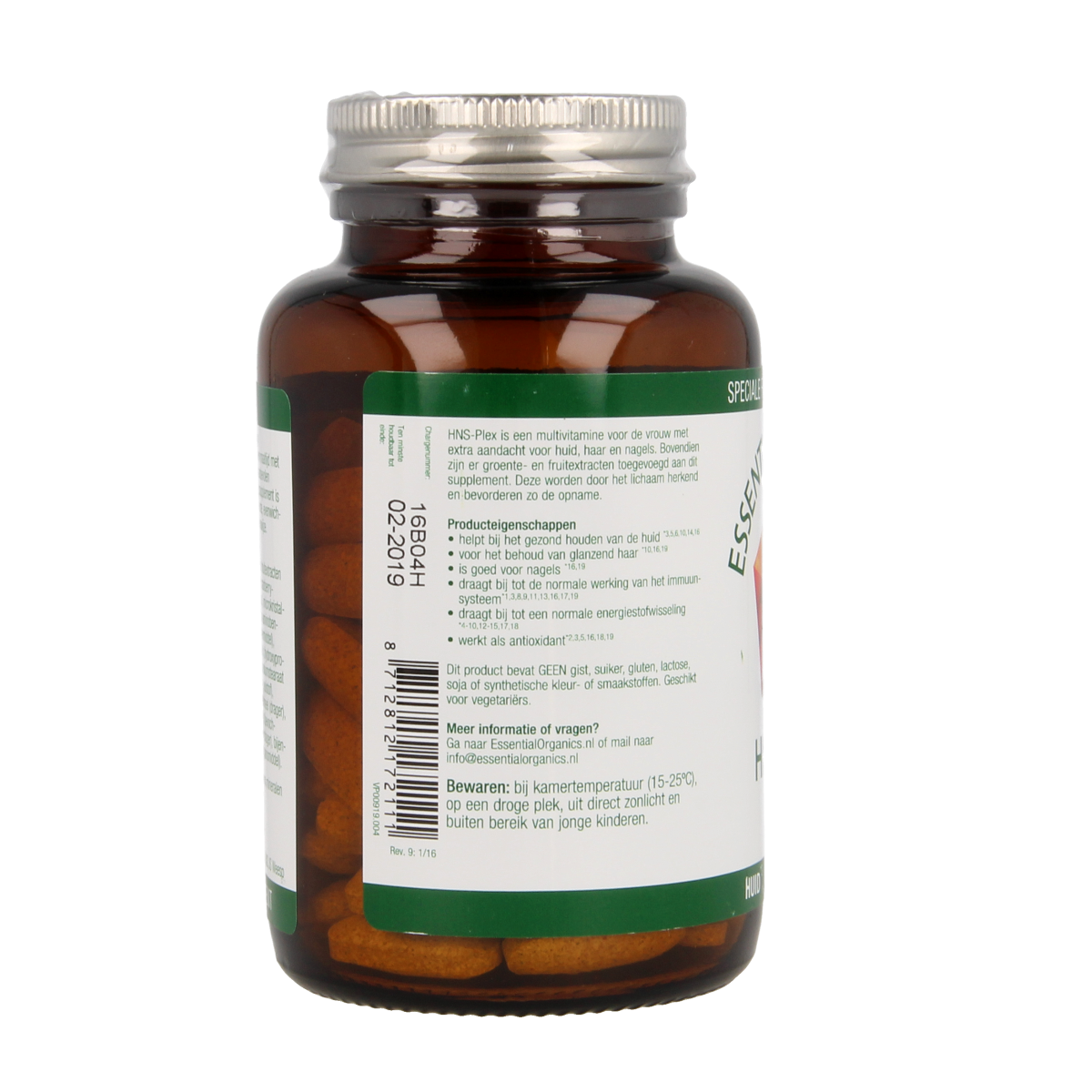 Essential Organics HNS Plex multivitamin tablets in a bottle, dietary supplement for overall health support.