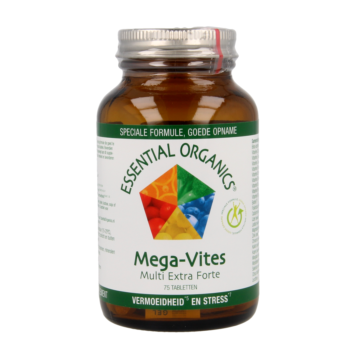 Essential Organics Mega Vites multivitamin tablets, 75-count bottle, showing colorful supplement tablets on a white background.