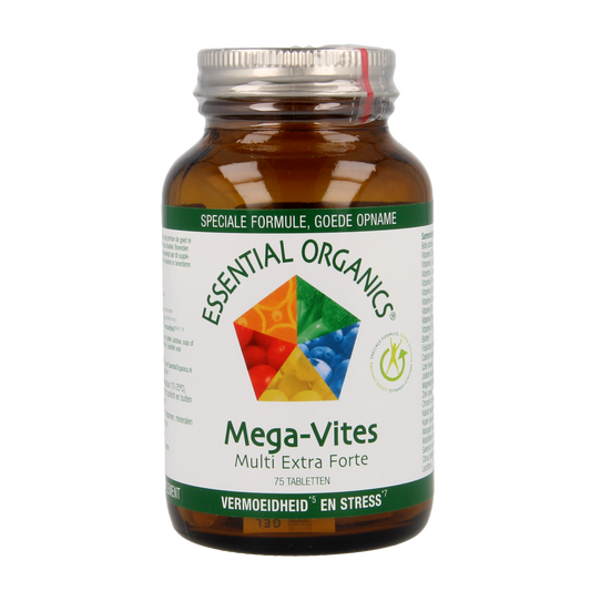 Essential Organics Mega Vites multivitamin tablets, 75-count bottle, showing colorful supplement tablets on a white background.