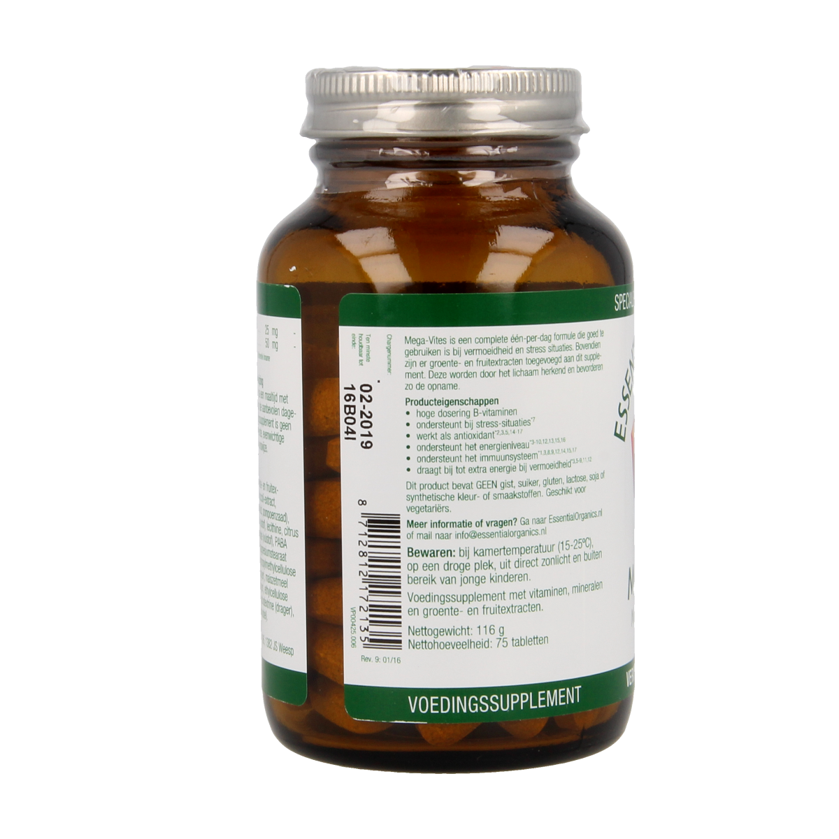 Essential Organics Mega Vites multivitamin tablets in a bottle, dietary supplement for daily nutrition.
