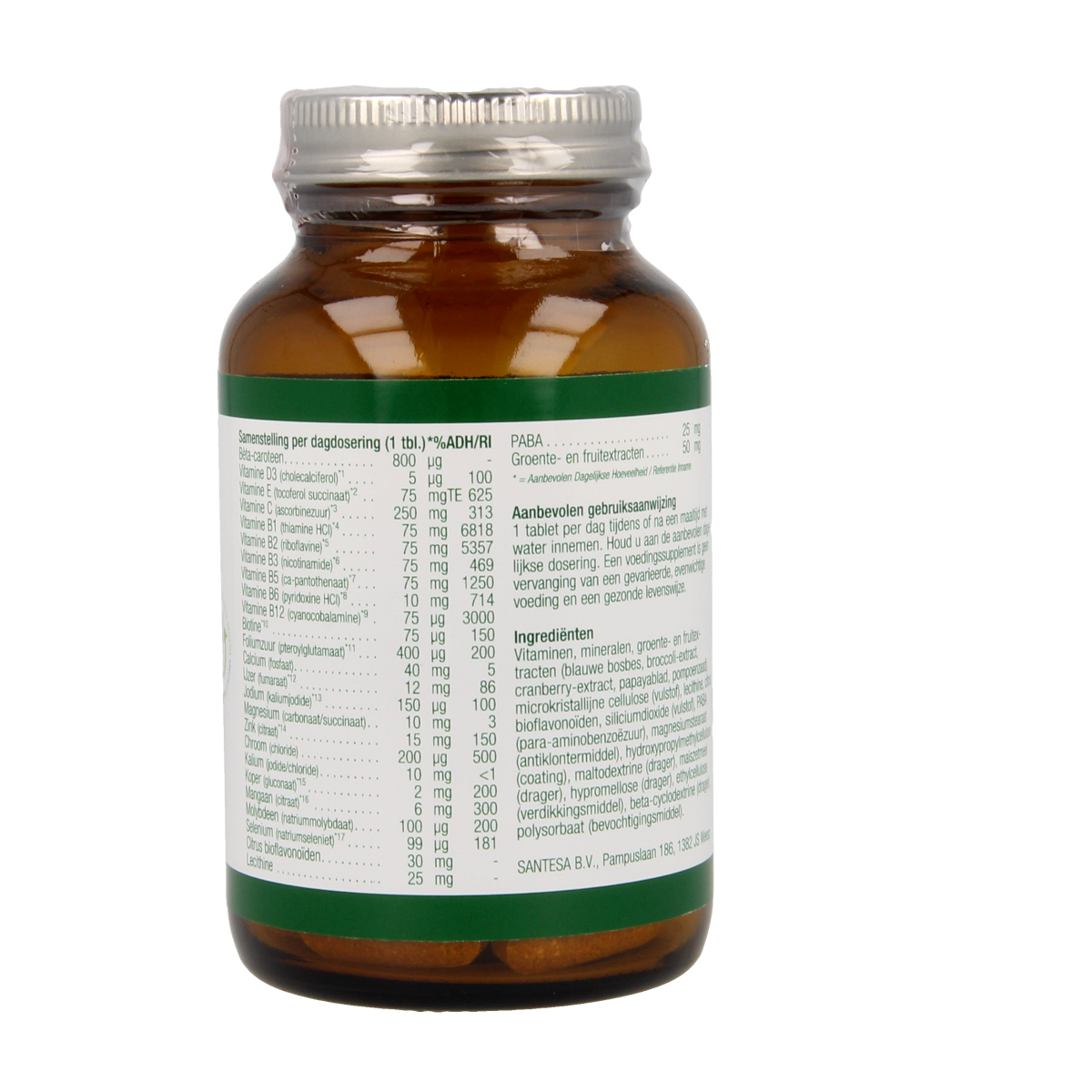 Essential Organics Mega vites multivitamin tablets, dietary supplement bottle with 75 tablets on a white background.