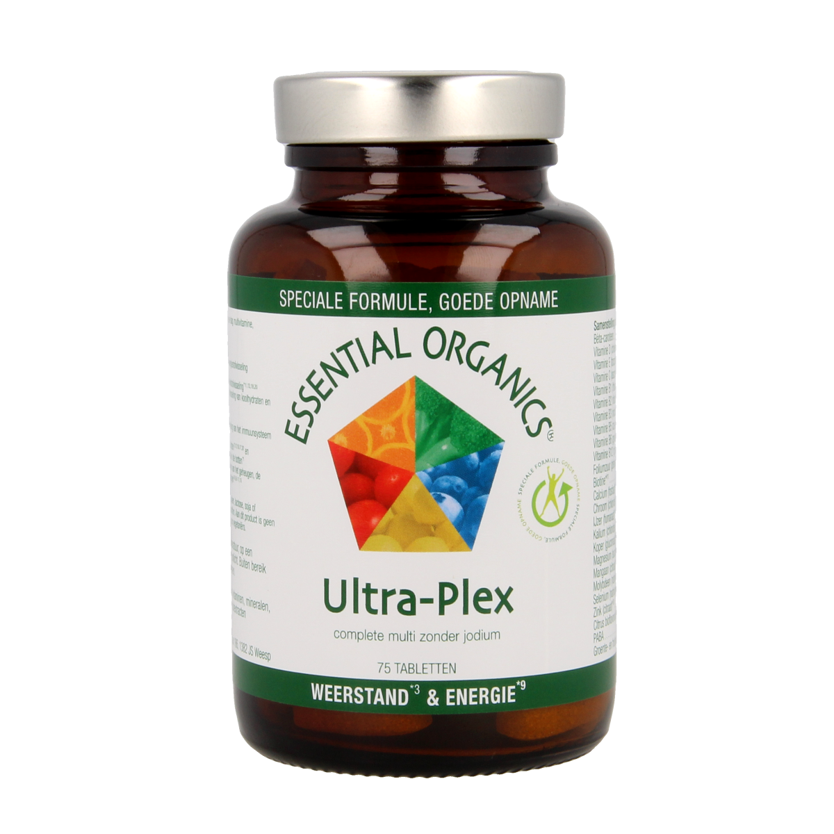 Essential Organics Ultra Plex multivitamin tablets showing a bottle of Essential Organics Ultra Plex vitamins.
