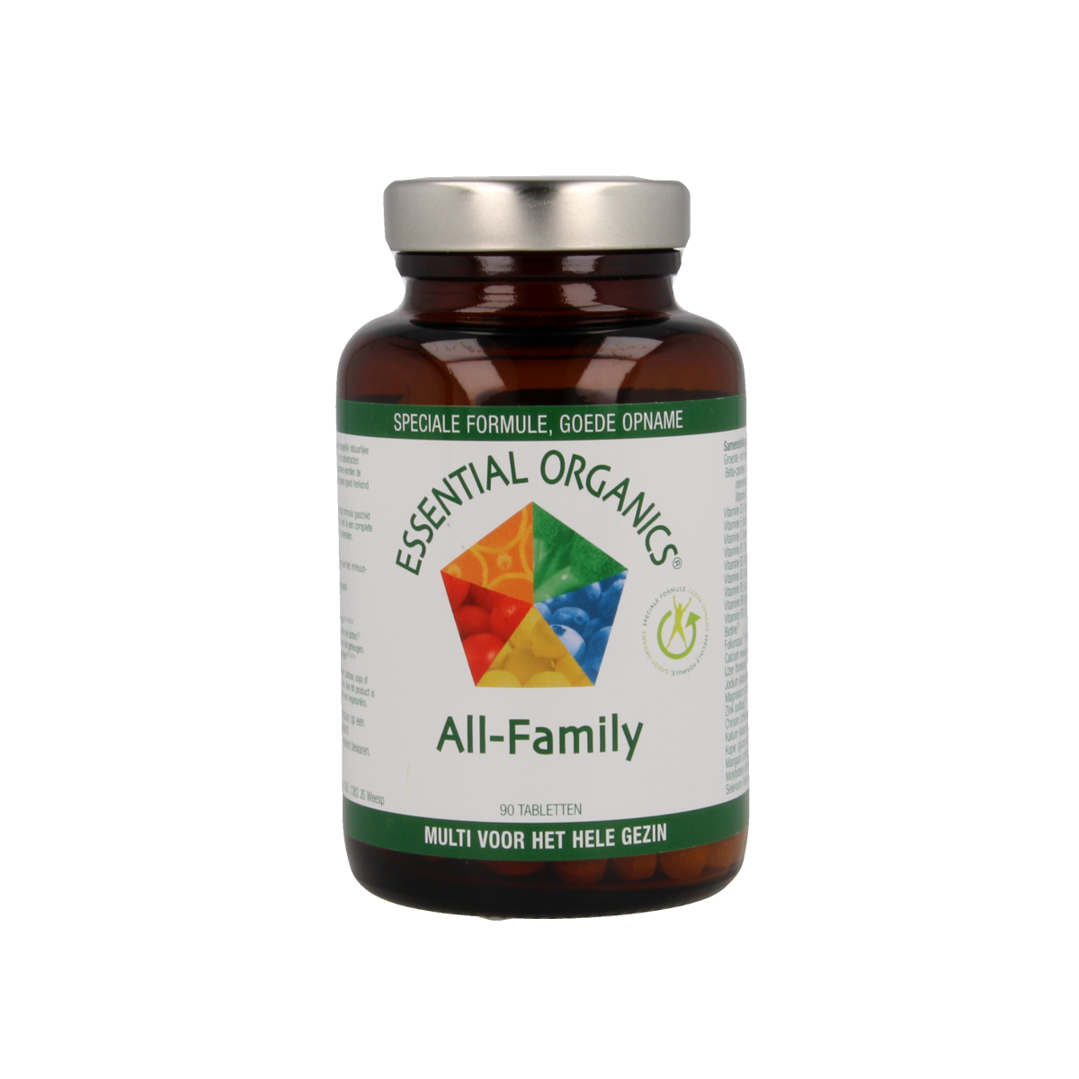 Essential Organics All Family multivitamin tablets in a container, designed for comprehensive daily nutritional support.
