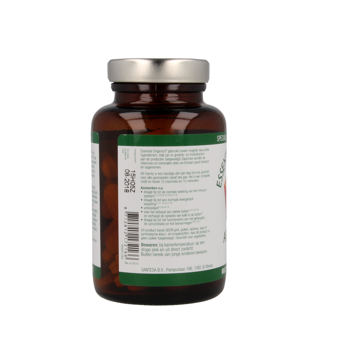 Essential Organics All Family multivitamin tablets in a bottle, featuring 90 tablets for overall health and wellness.