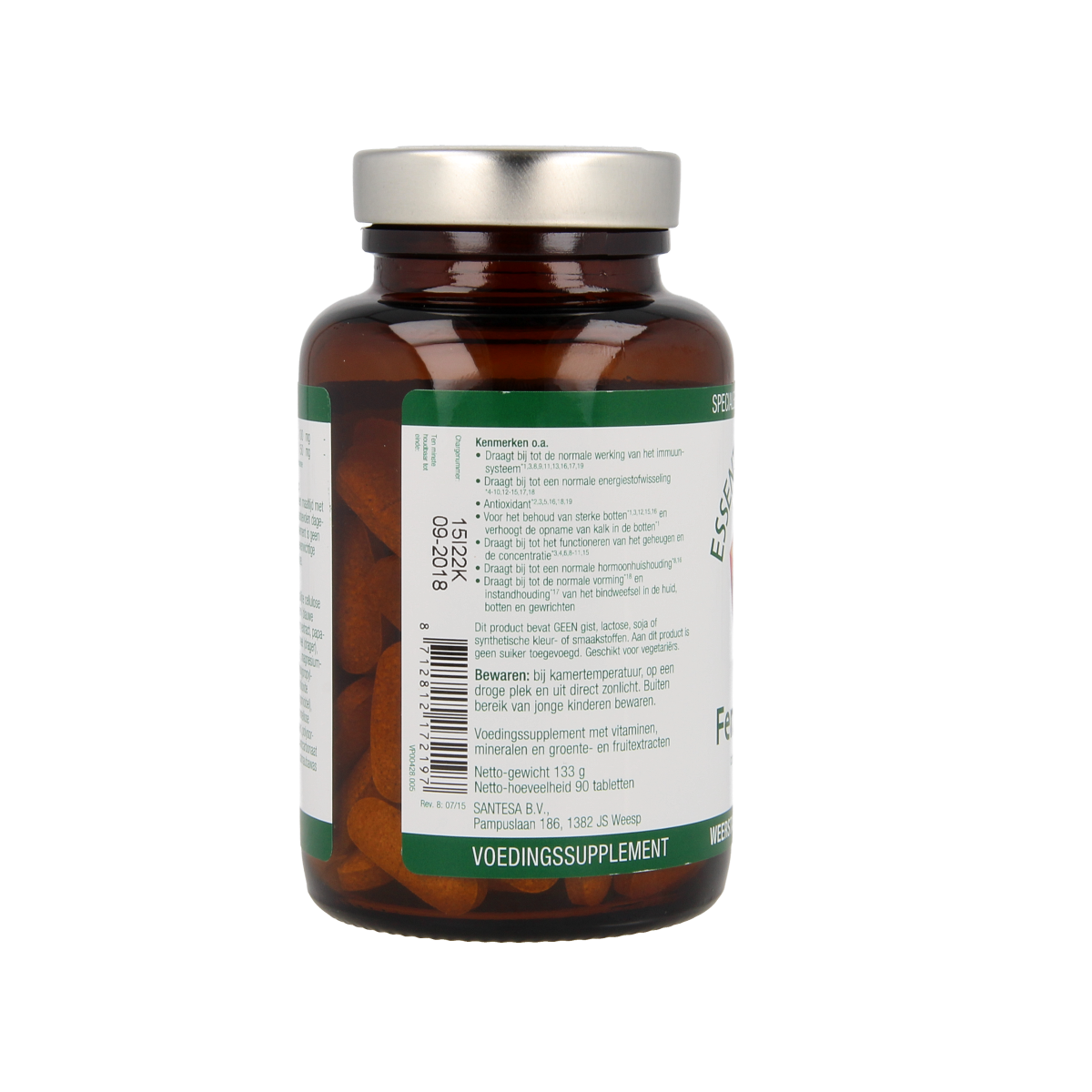 Essential Organics Fem Plex multivitamin tablets for women, showing a close-up of the supplement bottle and tablets.