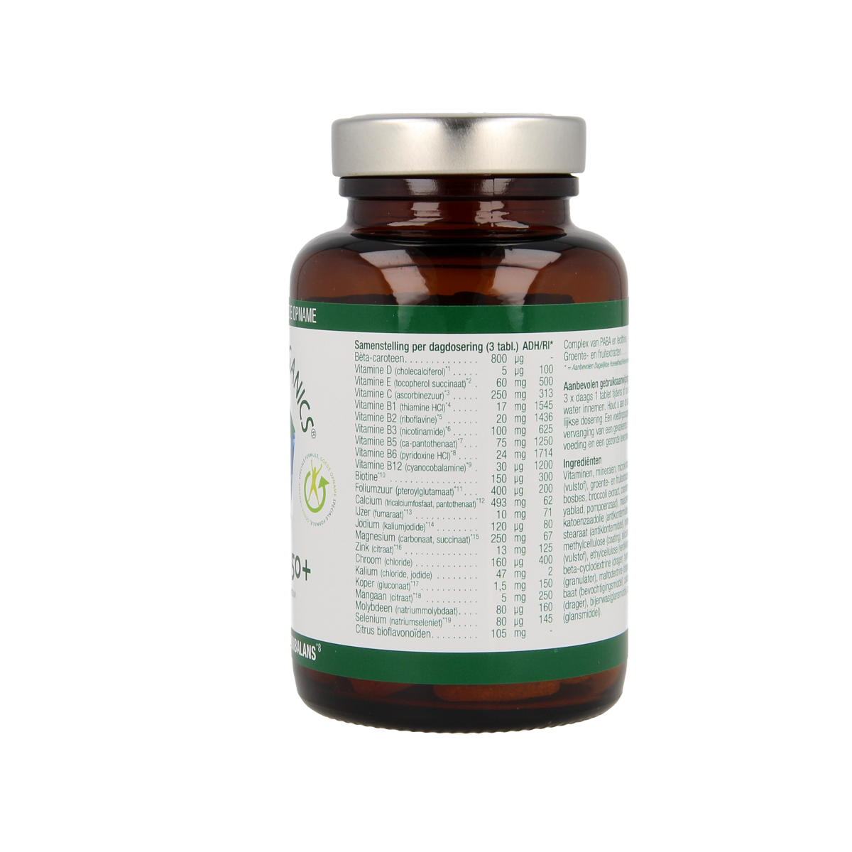 Essential Organics Fem Plex 50+ multivitamin tablets for women, featuring a comprehensive blend of essential nutrients.
