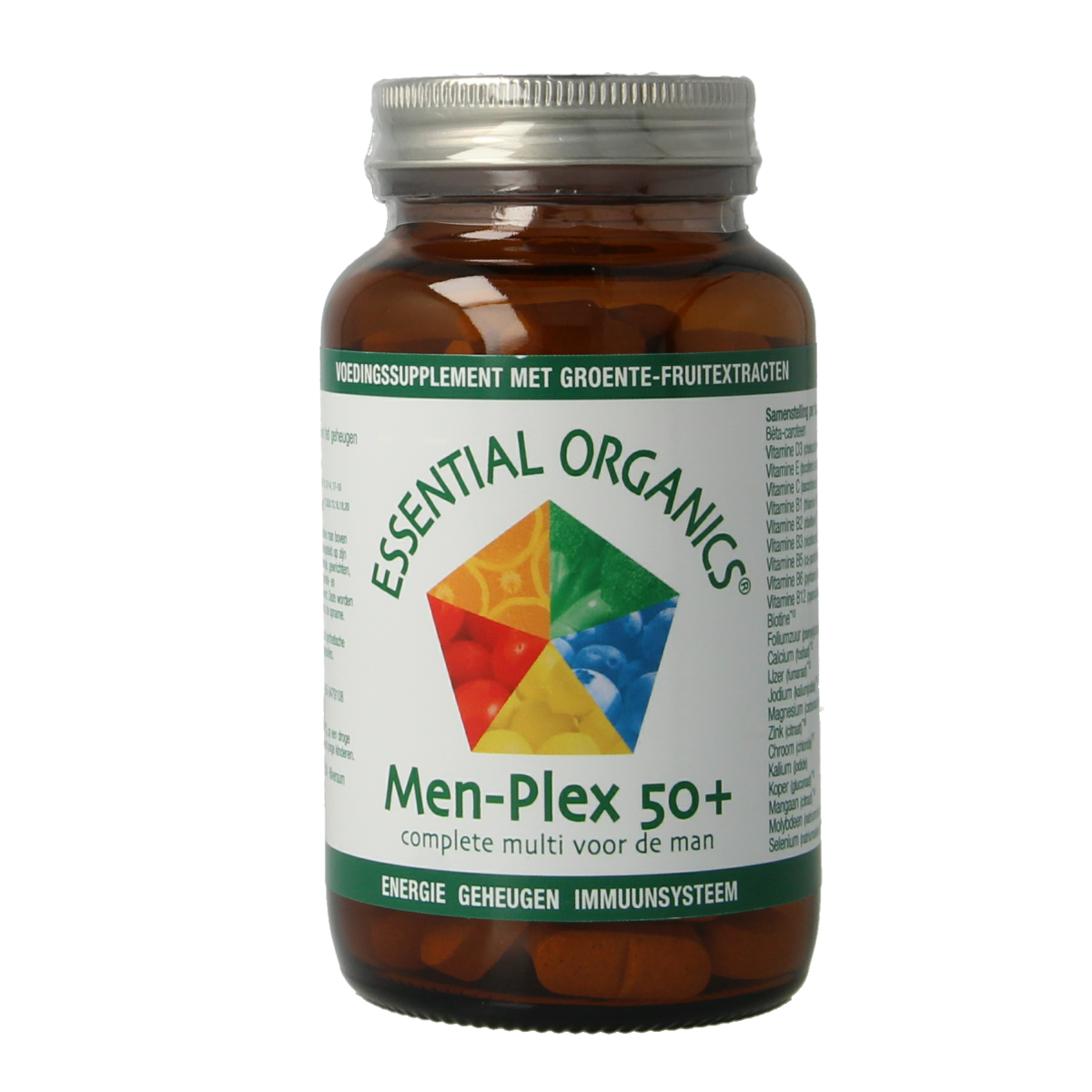 Essential Organics Men Plex 50+ multivitamin tablets, dietary supplement, close-up of the bottle and tablets.