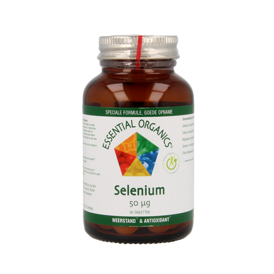 Essential Organics Selenium NP 50mcg mineral tablets, showing a bottle of supplement capsules for overall mineral support.